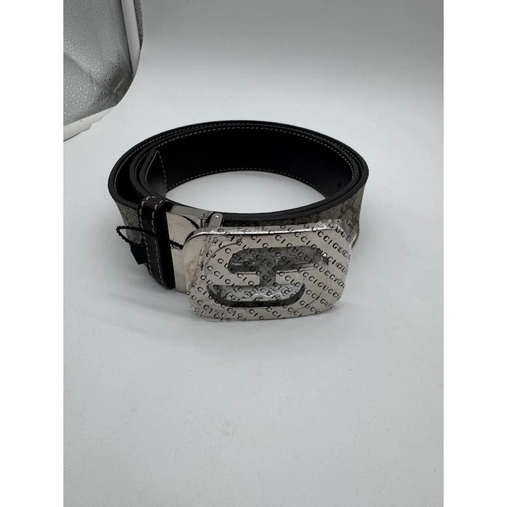 Gucci GG Supreme Canvas Interlocking G Buckle Belt Brown Leather 223891 Size 34